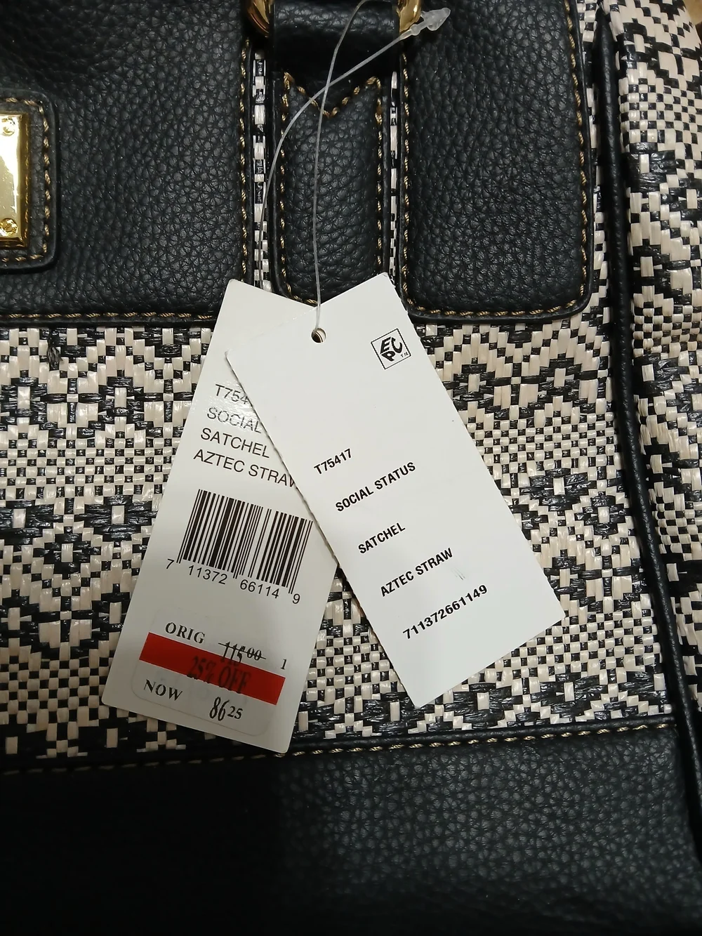 Tignanello Black&Cream Woven-Accent Satchel With Detachable Strap, New With Tags